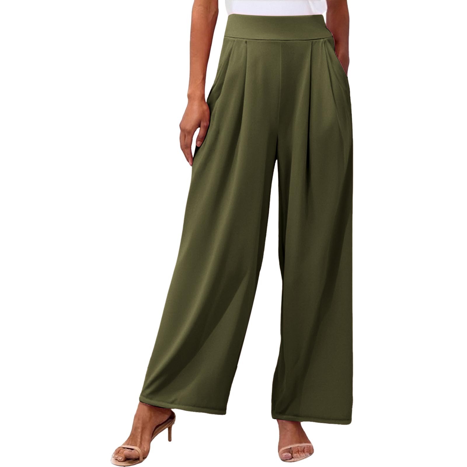 Pantalones palazzo anchos de color liso para mujer: cintura alta con cinturilla elástica, poliéster y spandex, pantalones largos informales con bolsillos laterales.